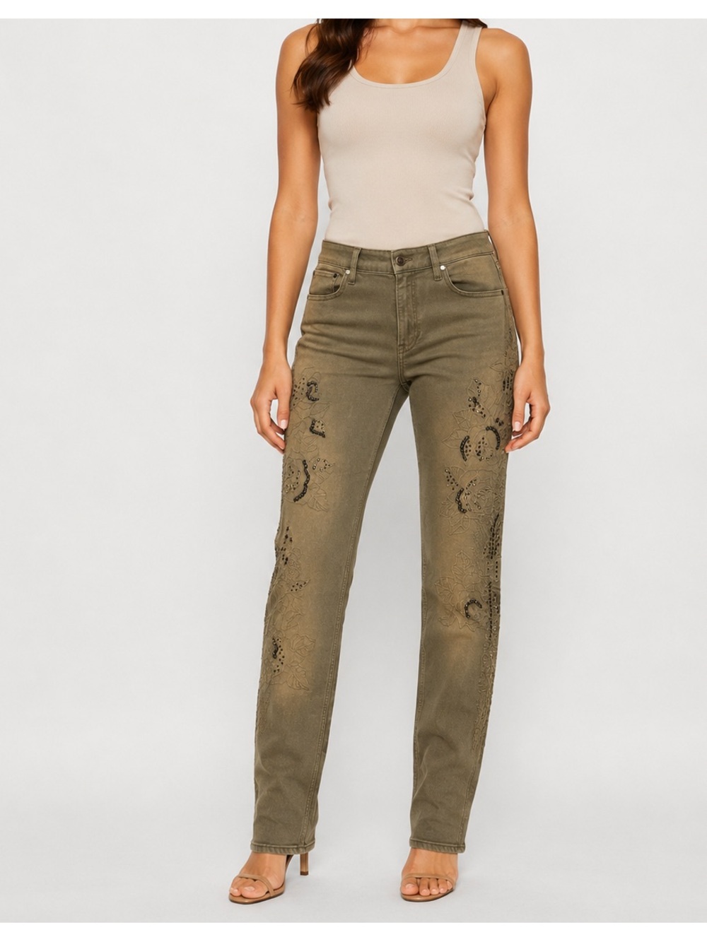 Ralph Lauren Purple Label Embroidered Beaded Jeans Olive Khaki Size 31 Italy